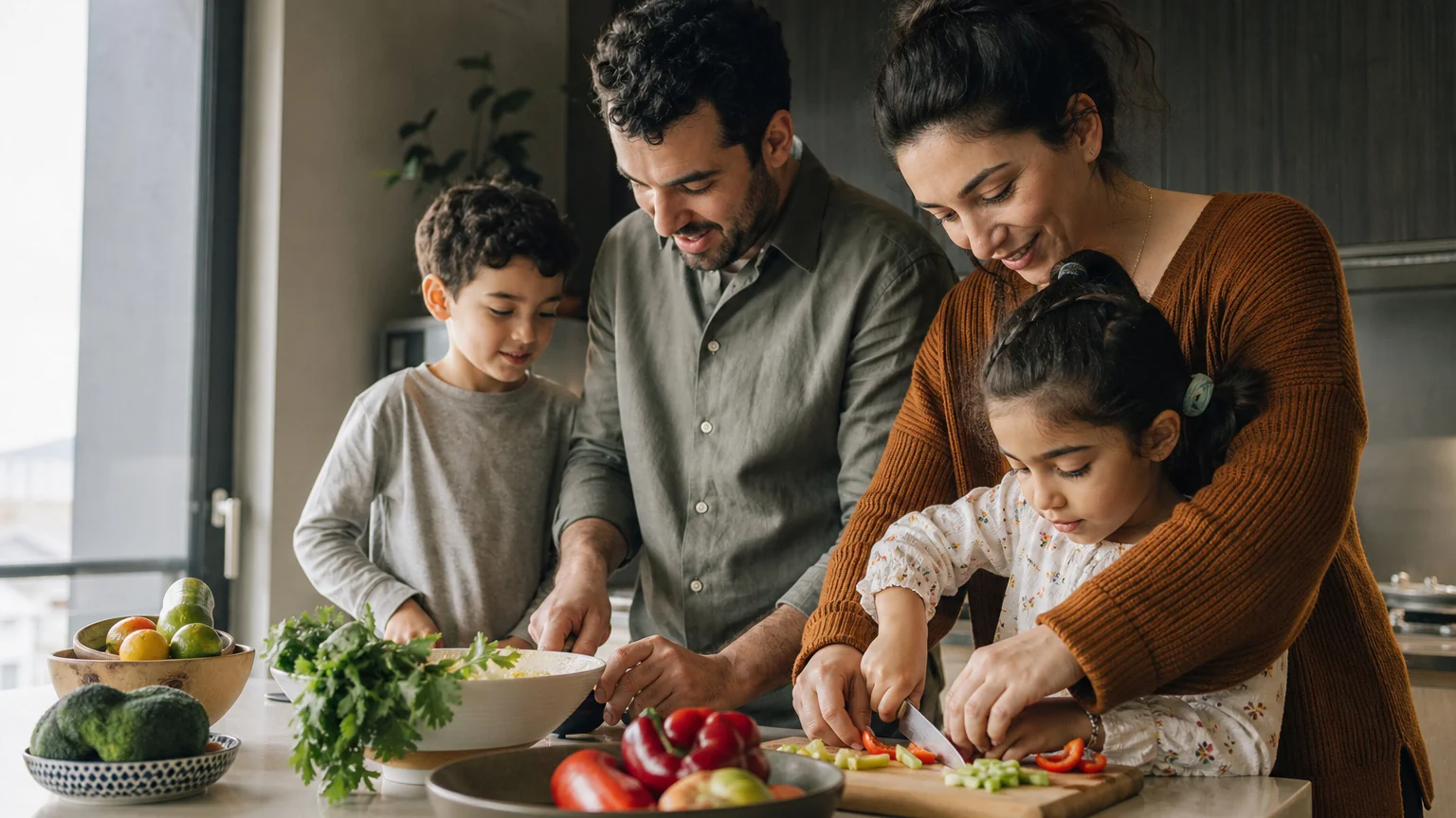 Aile temelli tedavi yaklaşımıyla bir aile mutfakta birlikte yemek hazırlıyor.