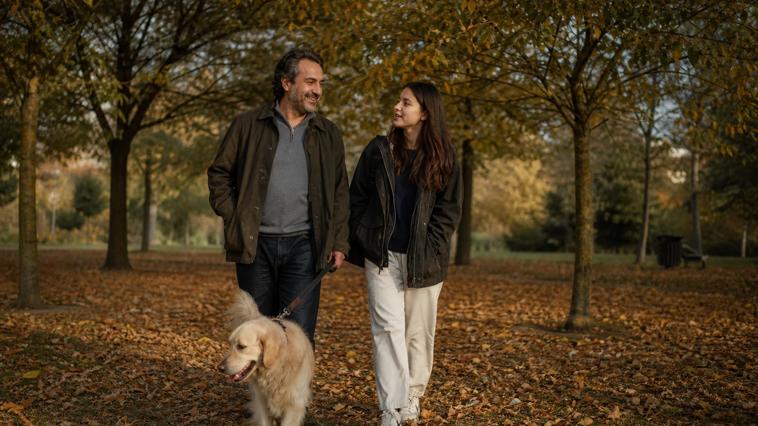 Ergen Depresyonu Tedavisi ve Destek Genç kız babasıyla parkta köpeğini gezdirirken ergen depresyonu tedavisi için yürüyüş yapıyor.