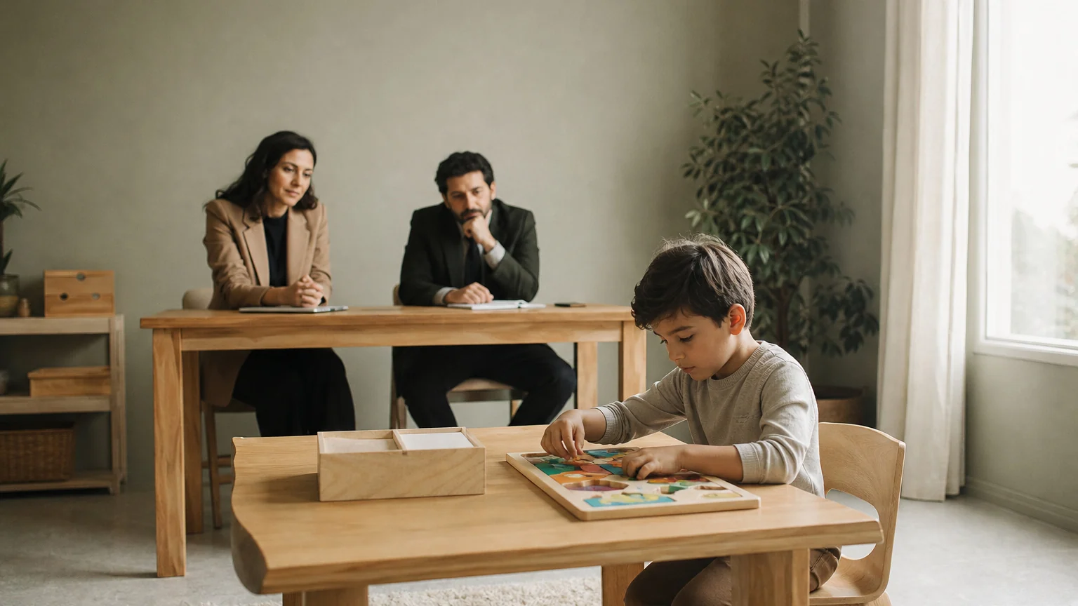 Nörogelişimsel Bozukluklar Değerlendirmesi Uzmanlar bulmaca çözen çocuğu gözlemlerken nörogelişimsel bozukluklar değerlendirmesi yapılıyor.